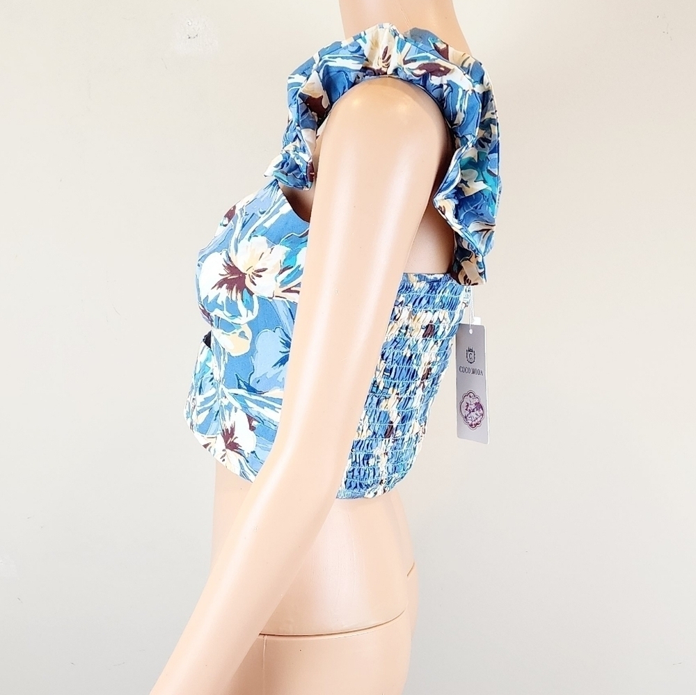 Coco Moda Floral Blue Ruffle Cropped Top - Picture 3 of 9